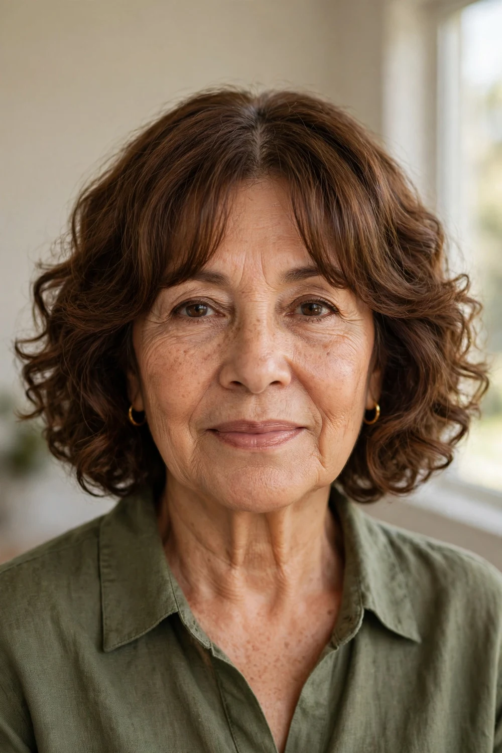 Woman over 60 with a center-parted curly bob