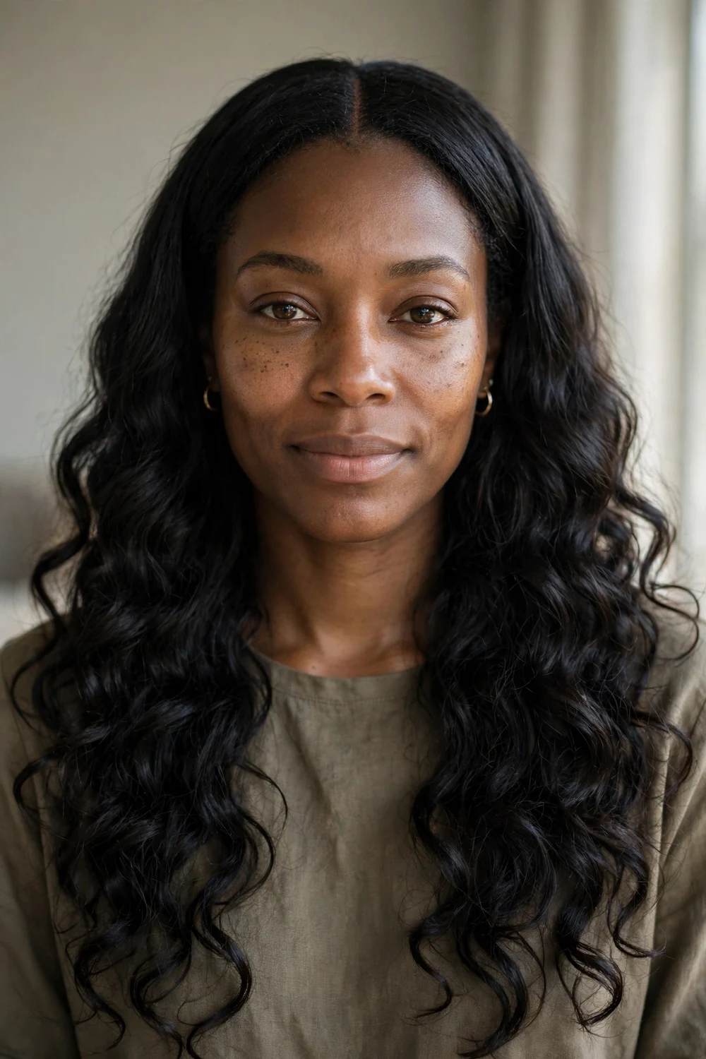 Woman with black long hair in center-parted loose curls