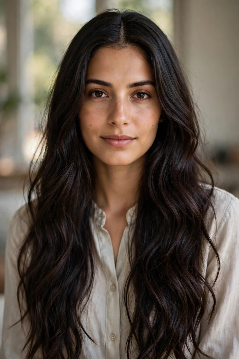 Woman with long auburn hair in loose waves with a center part and soft layers, front view