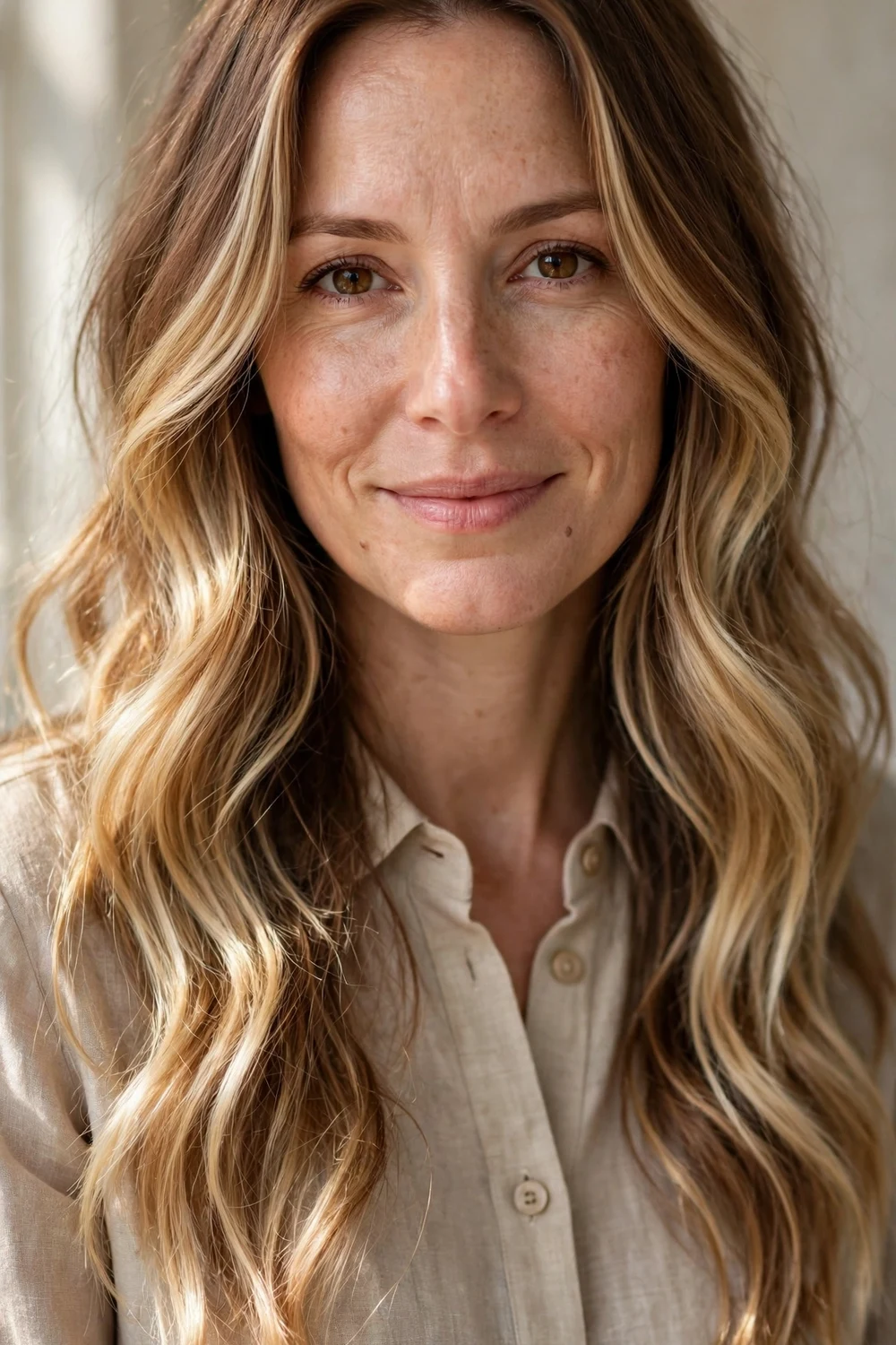 Woman with champagne blonde balayage on brown hair, light shimmering blonde pieces