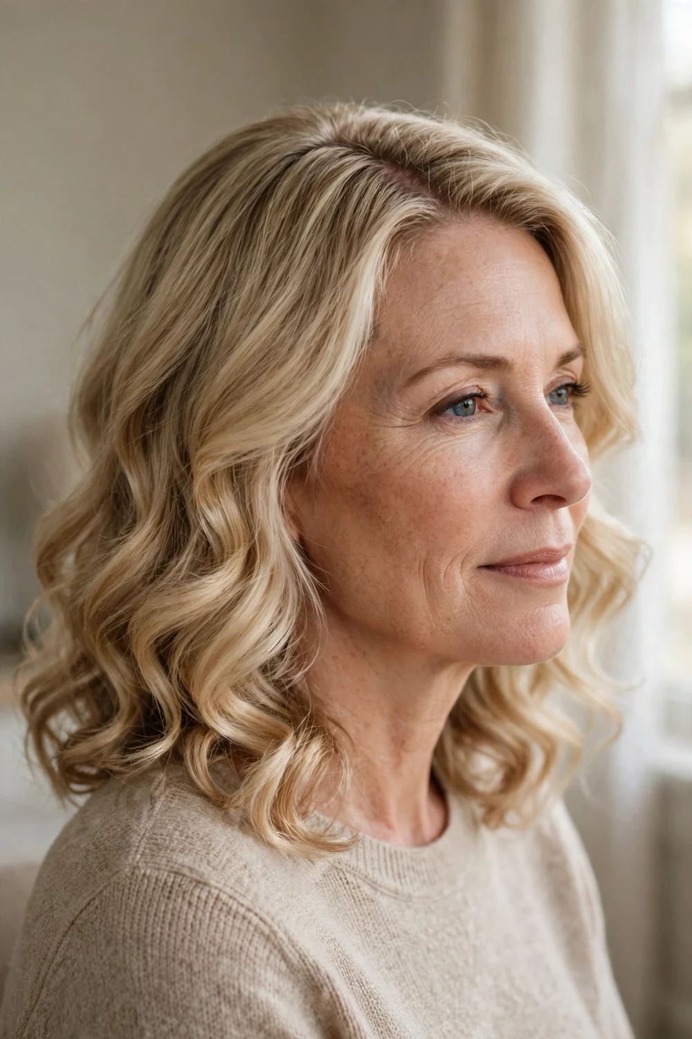 Woman with champagne blonde shoulder hair in soft loose curls