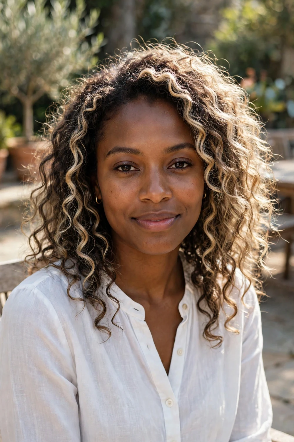 Black woman in her late 20s with loose curly dirty blonde hair and champagne blonde highlights