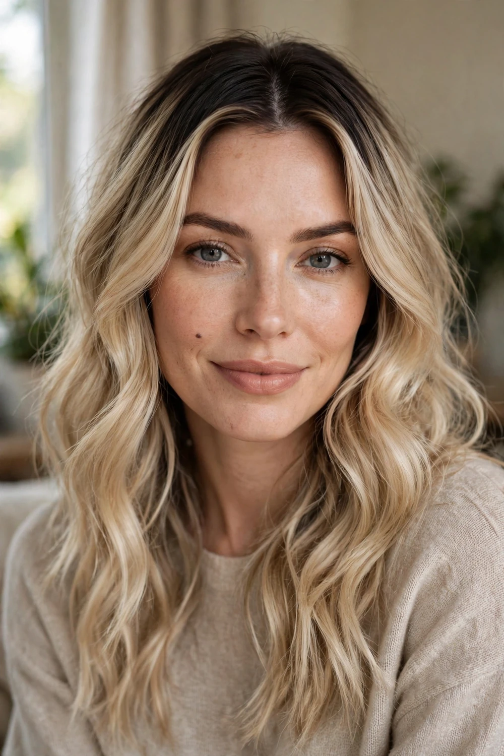 Champagne blonde hair with shadowed dark roots in loose waves