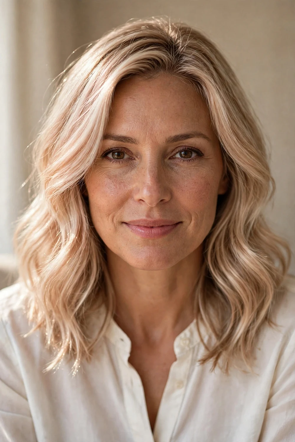 Champagne blonde hair with light golden pink neutral tones