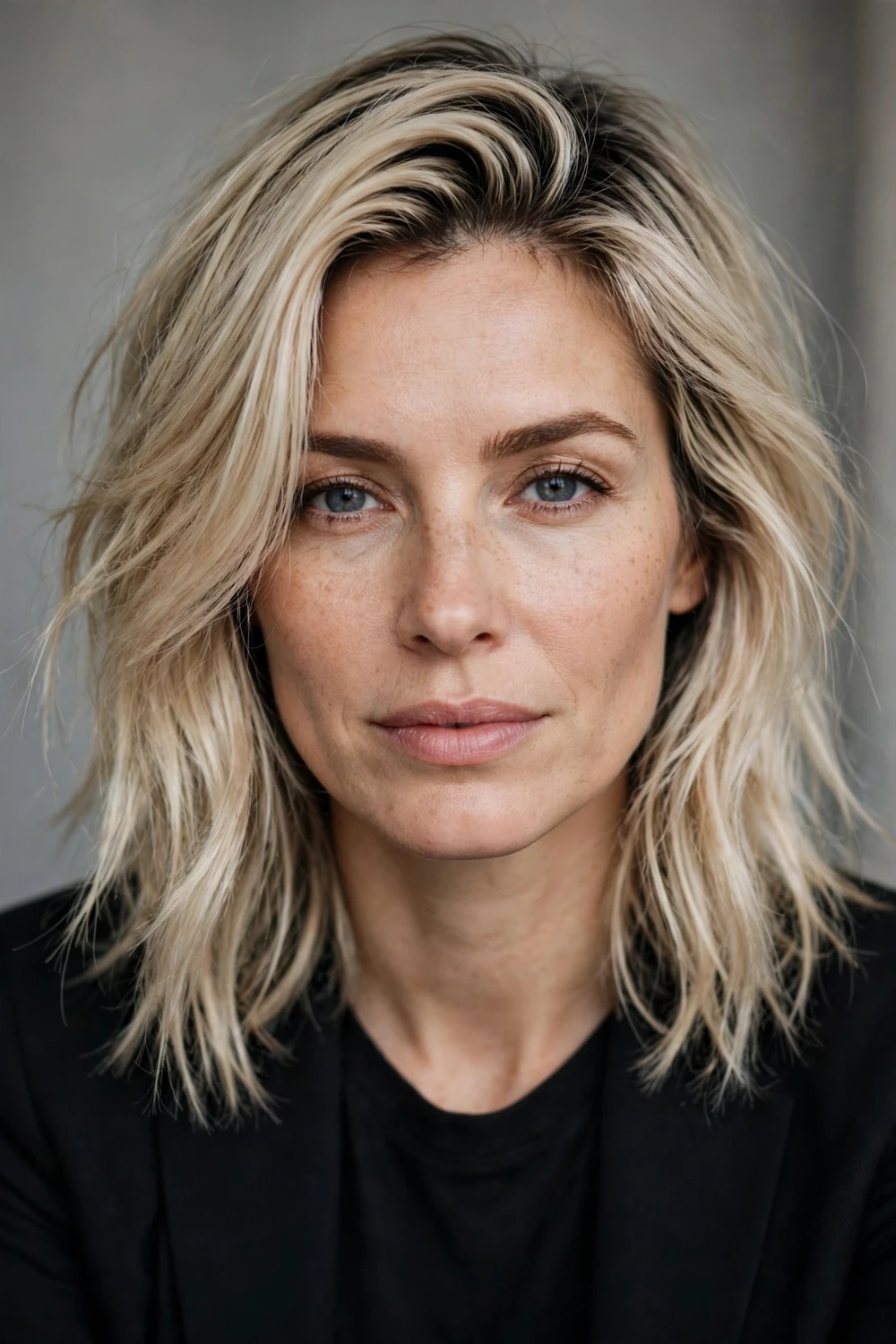 Chic champagne blonde hair with dark roots