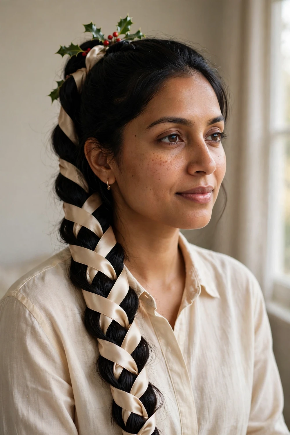 Loose thick braid with a champagne satin ribbon woven through and holly at the crown