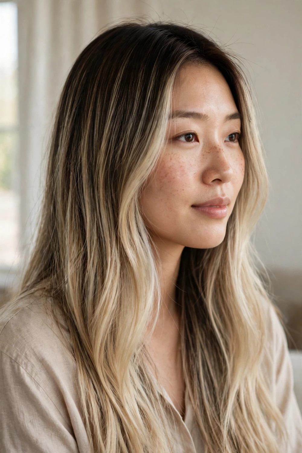 Long straight brunette hair with champagne vanilla blonde balayage