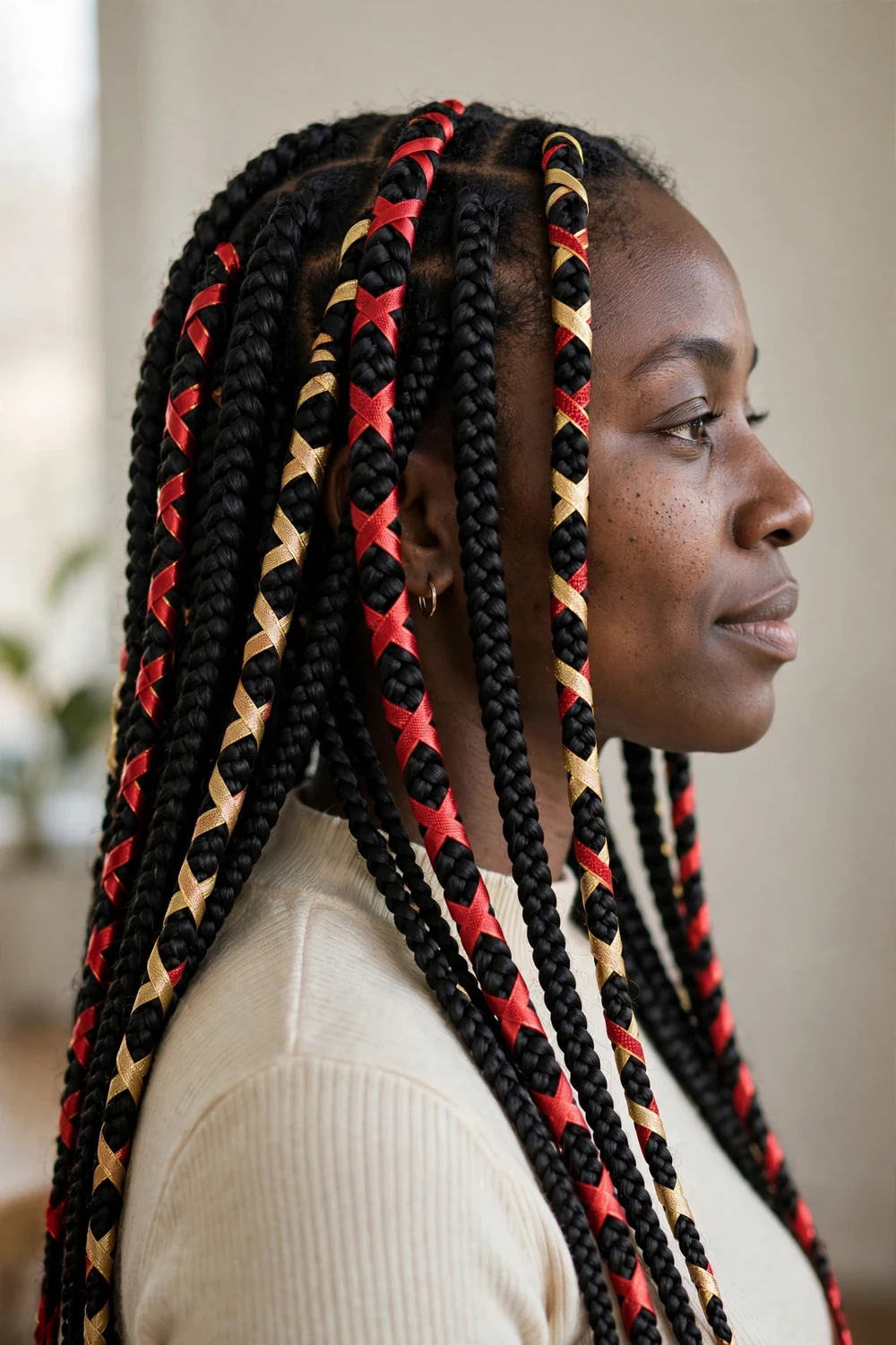 Black woman with long box braids woven with red and gold Christmas ribbons