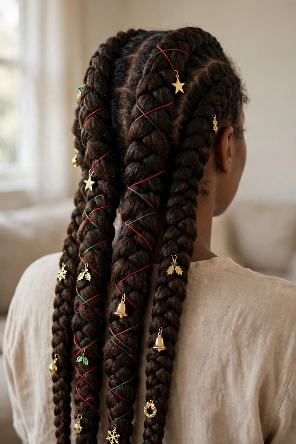 Black woman with thick goddess braids decorated with gold Christmas charms