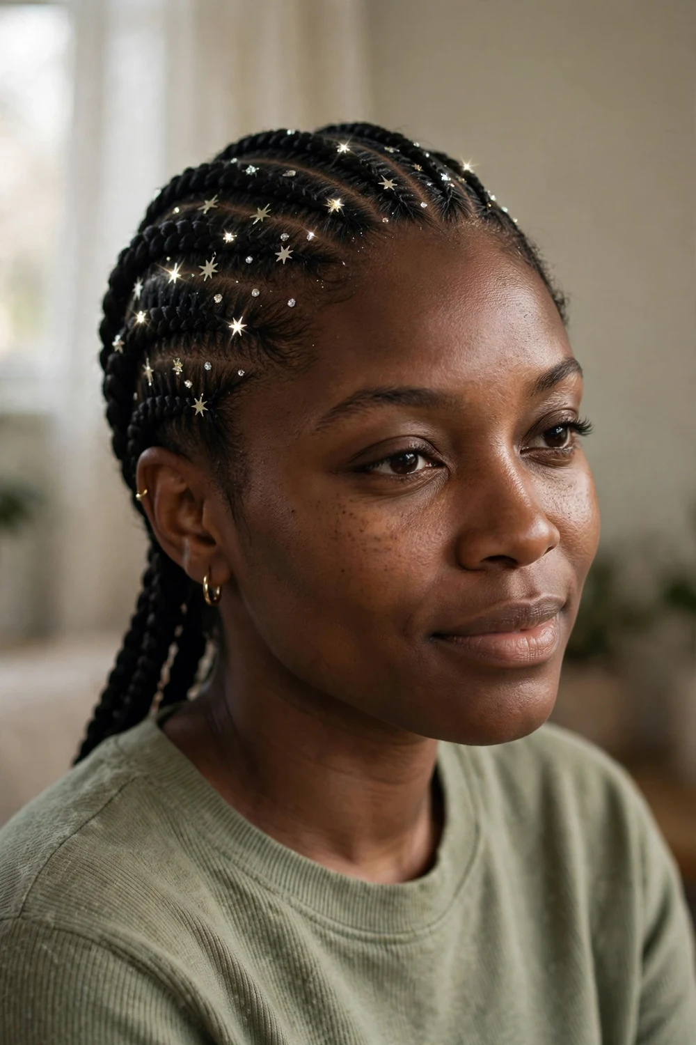 Black woman with neat cornrows decorated with tiny sparkling holiday accessories