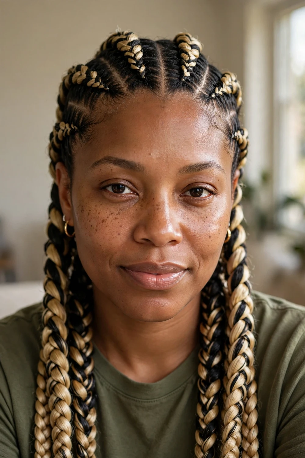 Black woman with chunky cornrows featuring blonde highlighted braids