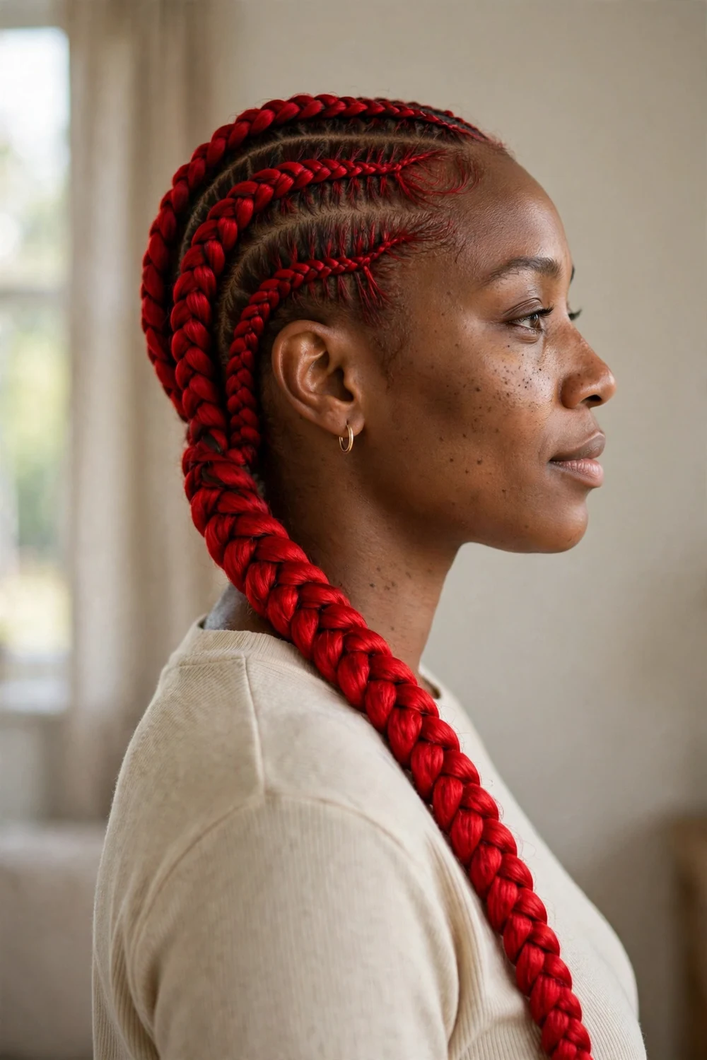 Black woman with red cornrows flowing into one extra-long braid