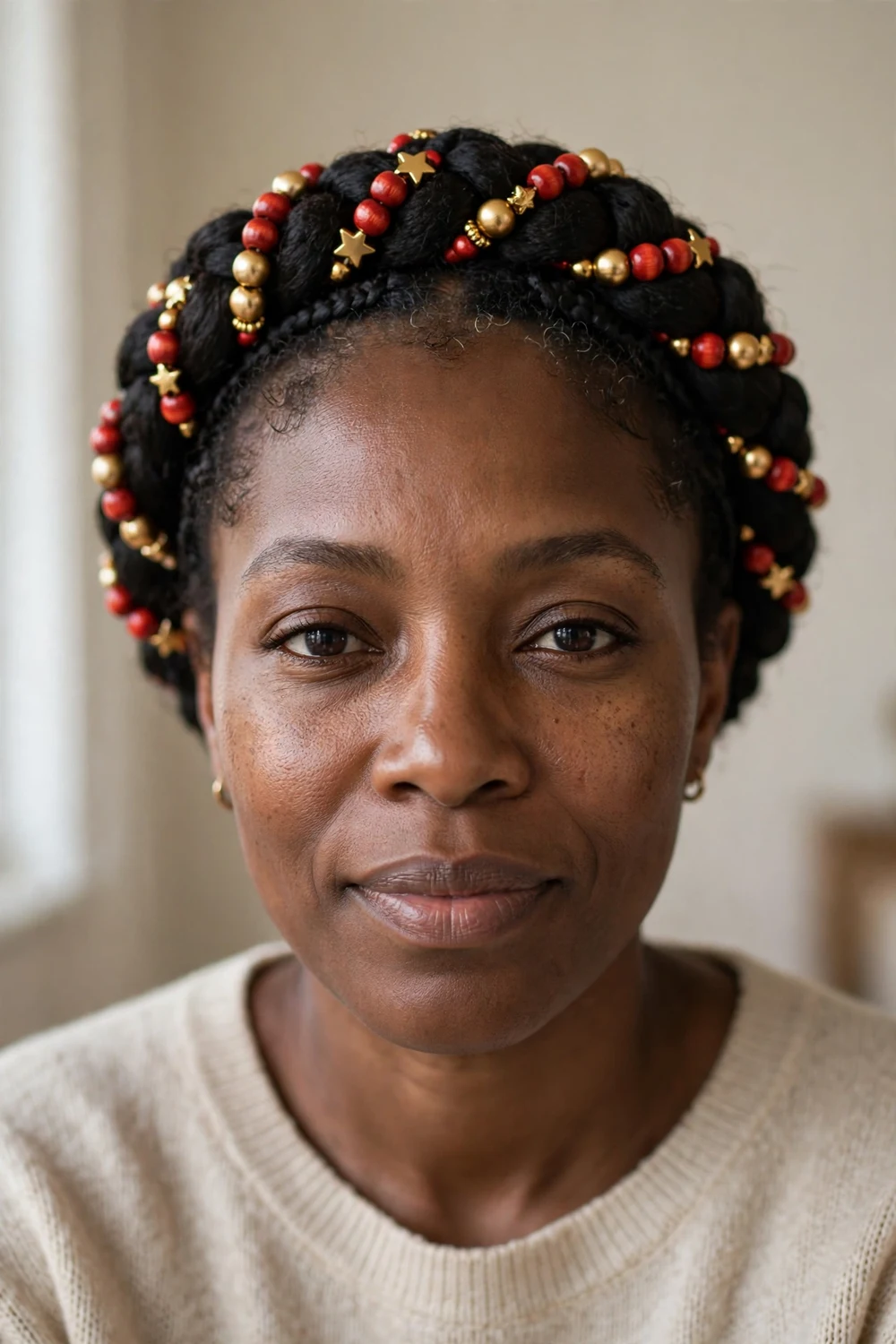 Black woman with a braided crown decorated with red and gold beads