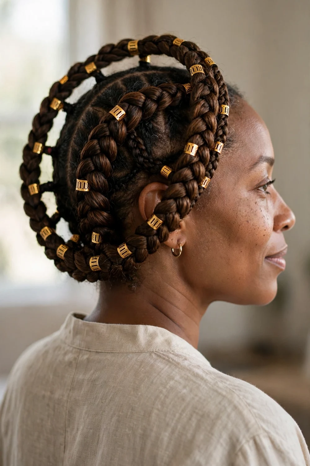 Black woman with a braided halo styled with gold hair cuffs