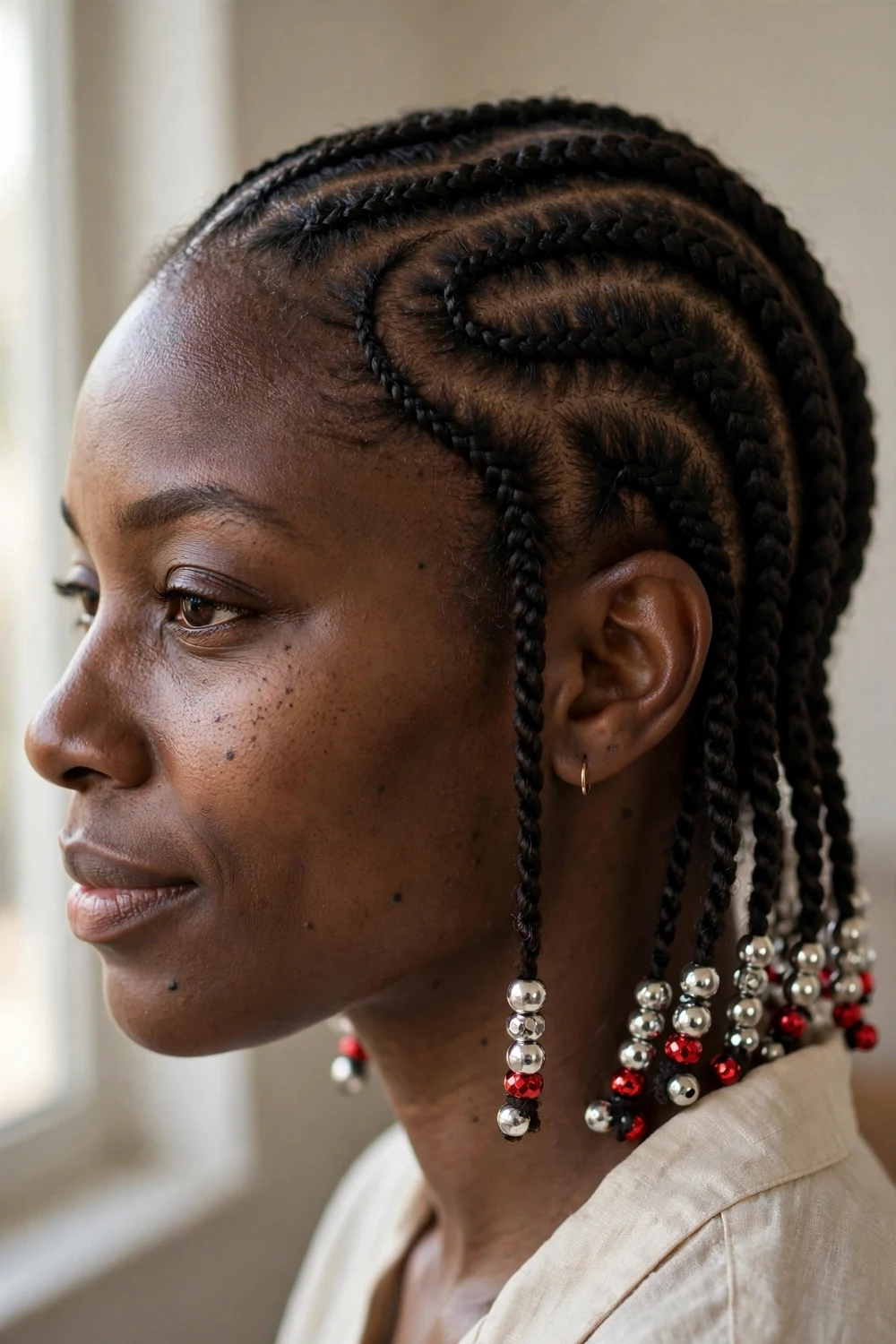 Black woman with flat twists decorated with metallic Christmas beads