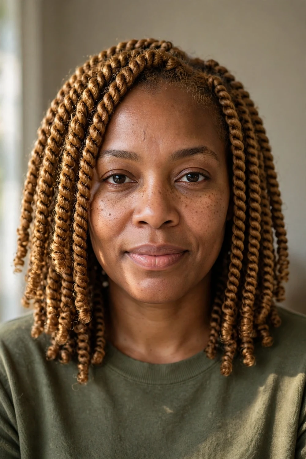 Black woman with defined two-strand twists in golden brown