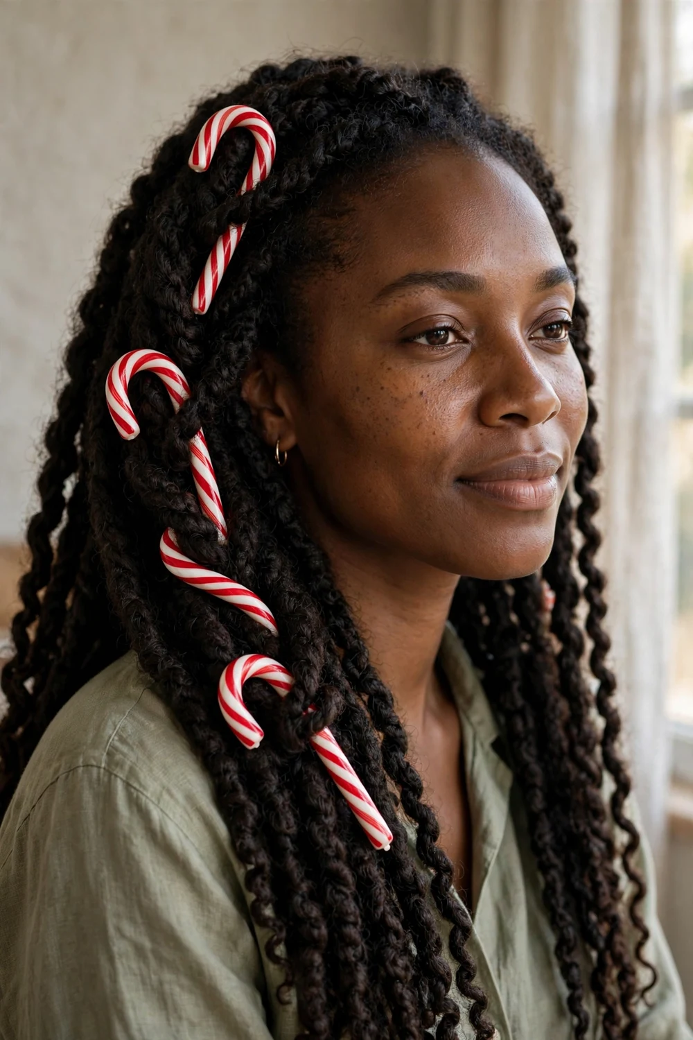 Black woman with long marley twists and red and white candy cane hair accessories
