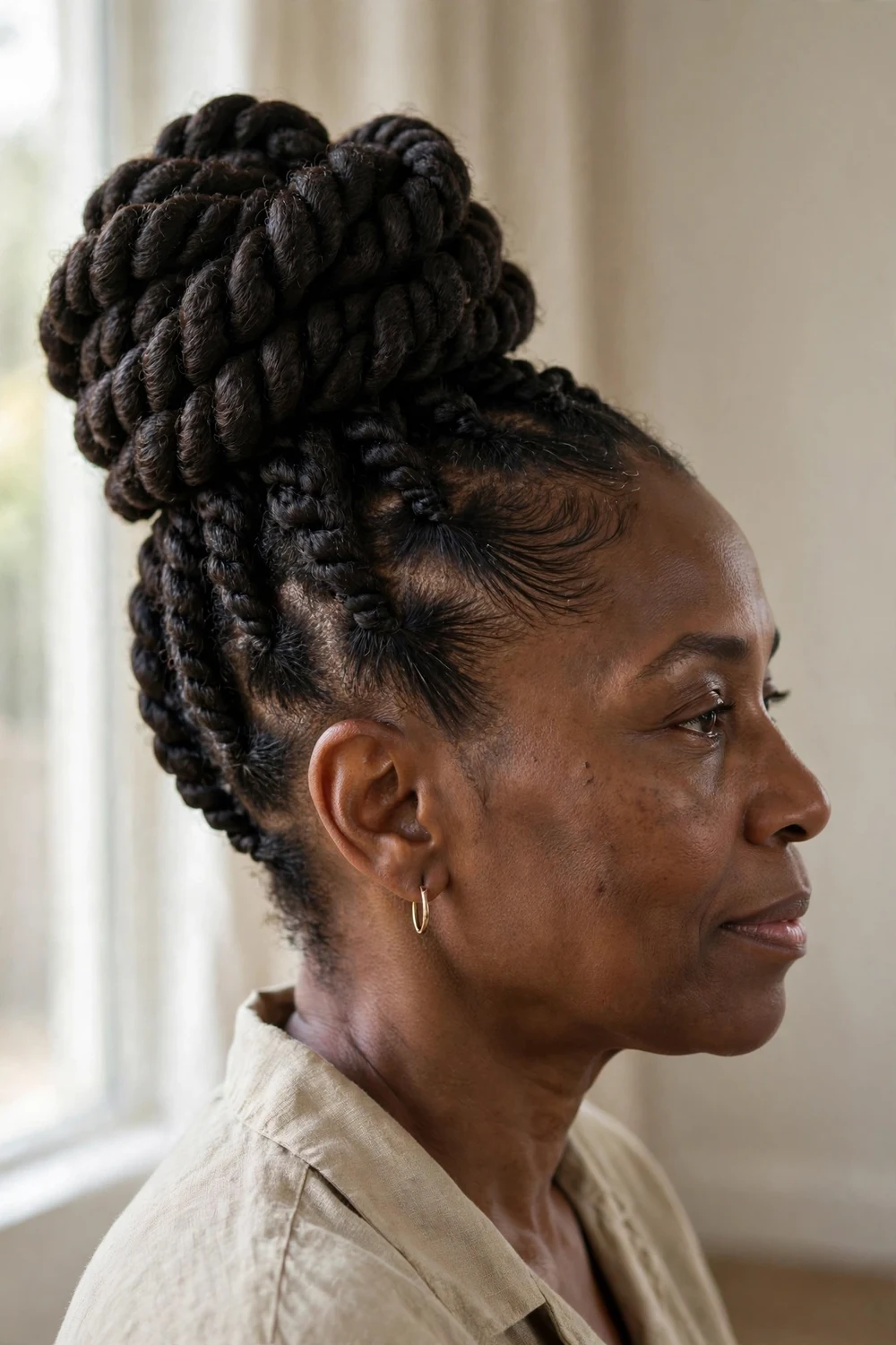 Black woman with jumbo twists gathered into a high bun