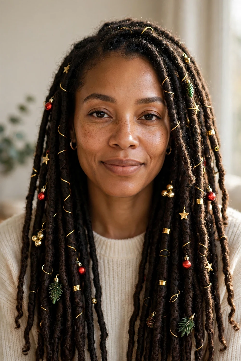 Black woman with long faux locs decorated with mini Christmas ornaments and gold rings