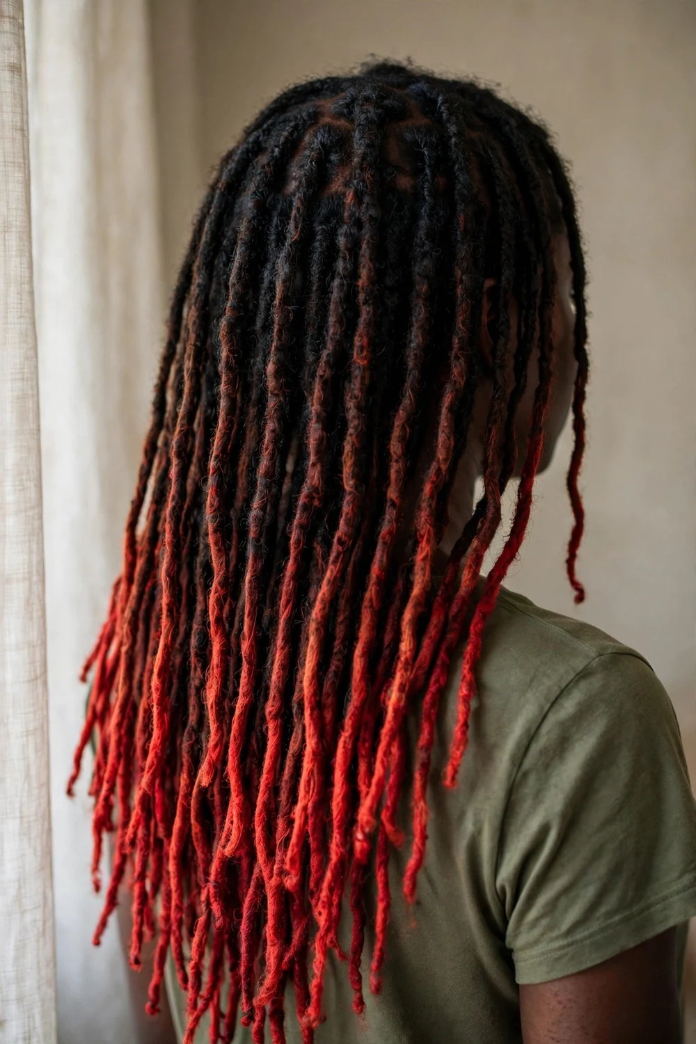 Black woman with long locs featuring red ombre ends