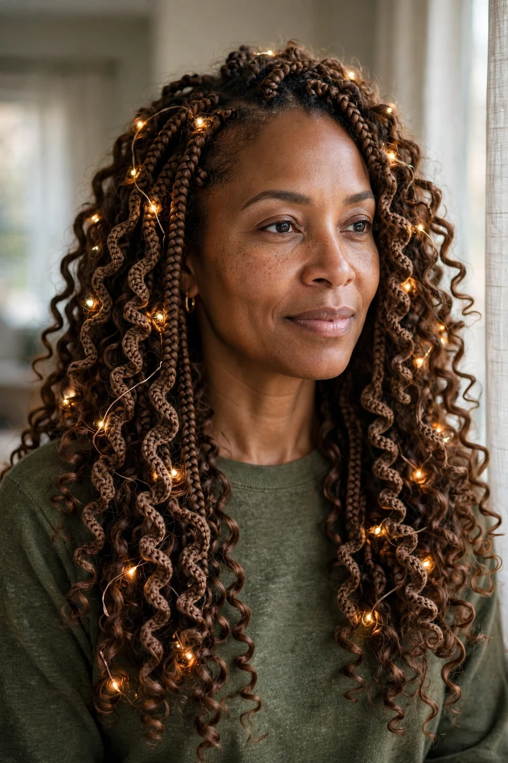 Black woman with curly crochet braids woven with tiny colorful Christmas lights
