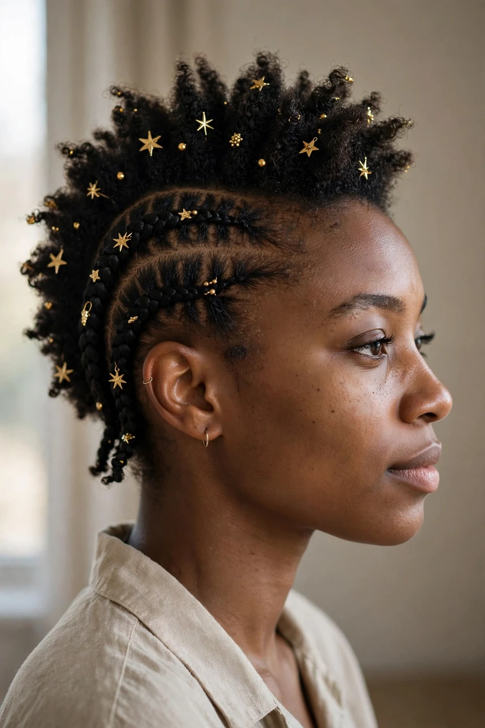 Black woman with a braided mohawk and small gold festive decorations
