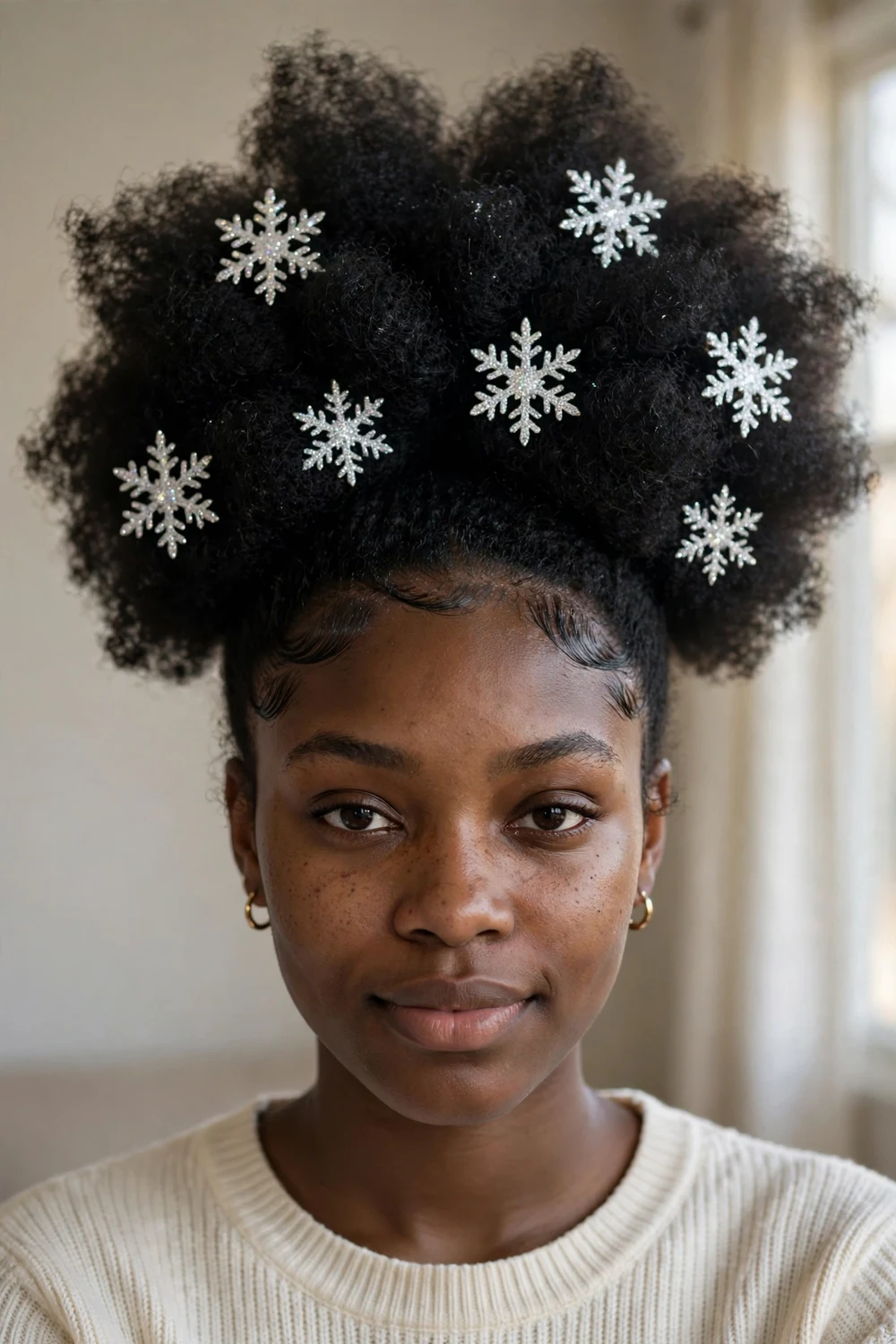 Black woman with a high afro puff decorated with glittering snowflake clips