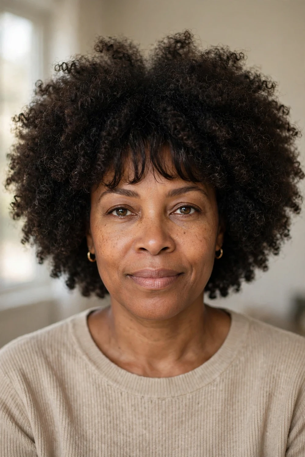 Black woman with a full defined afro and soft fringe bangs