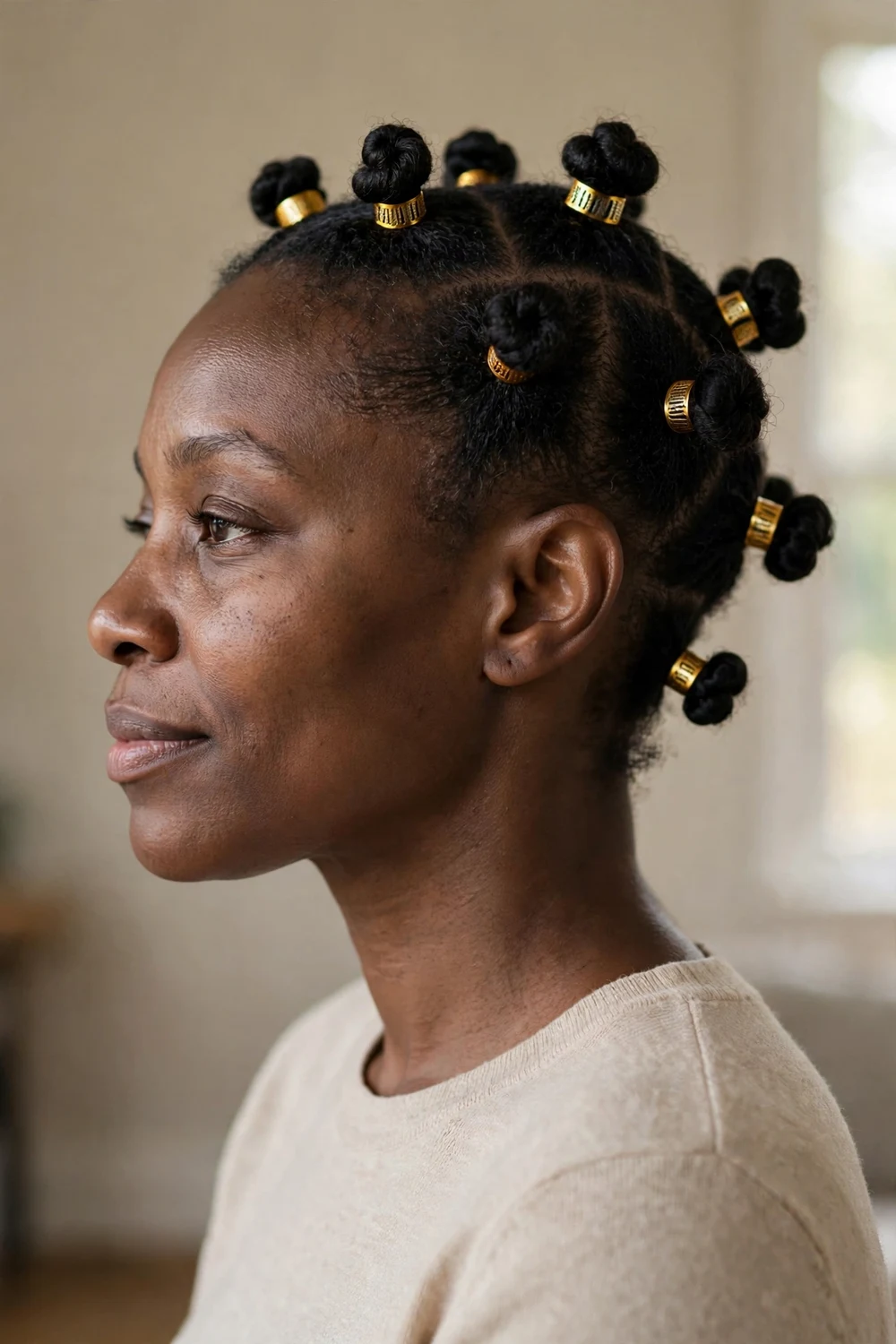 Black woman with neat bantu knots wrapped with gold accents