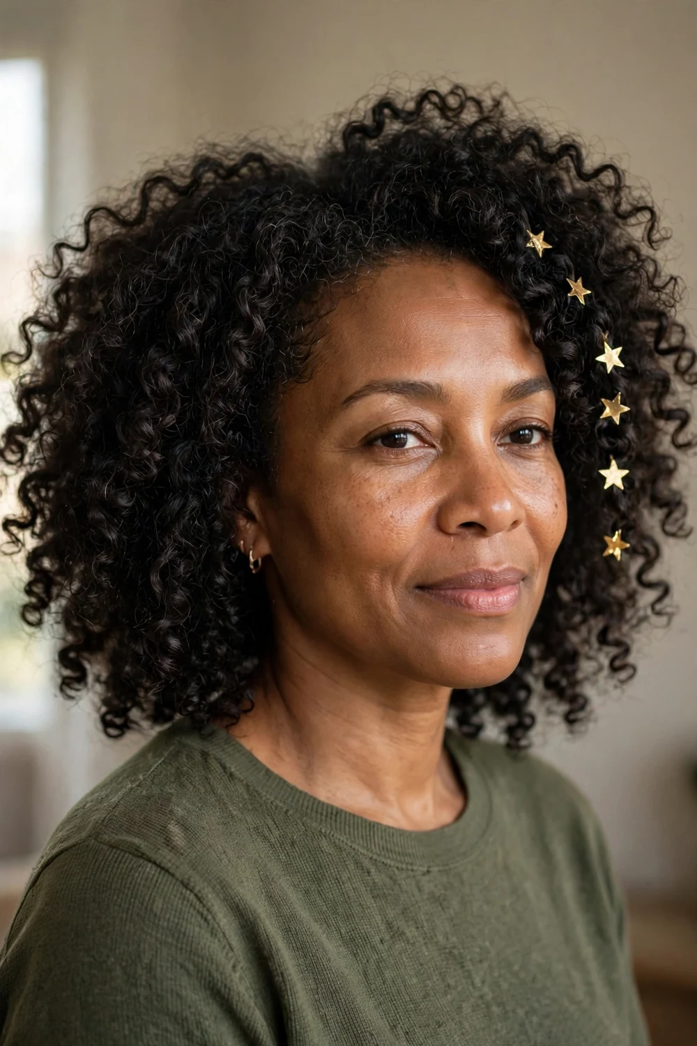 Black woman with voluminous natural curls and small festive star hair clips