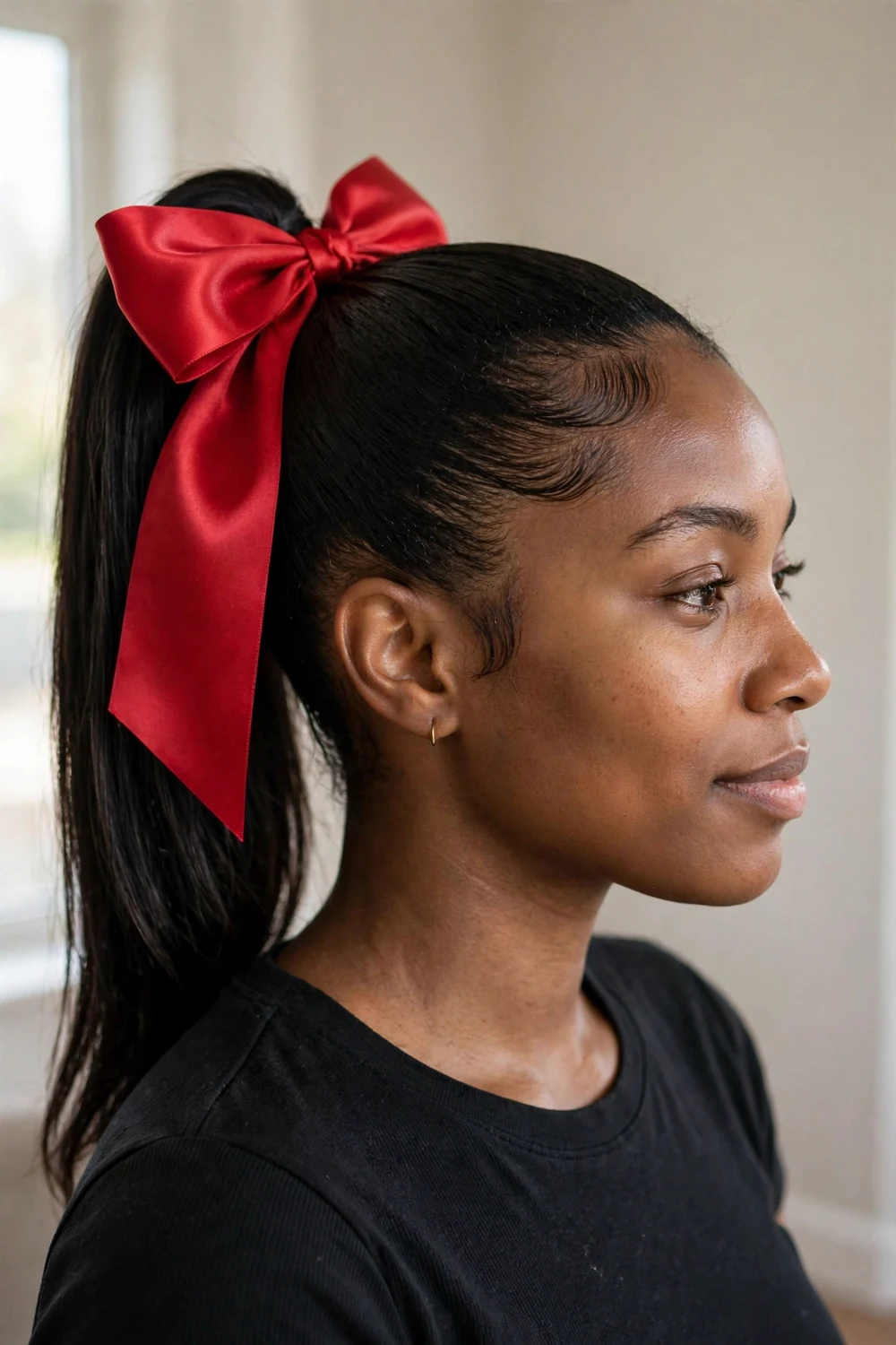 Black woman with a sleek high ponytail tied with a large red satin bow