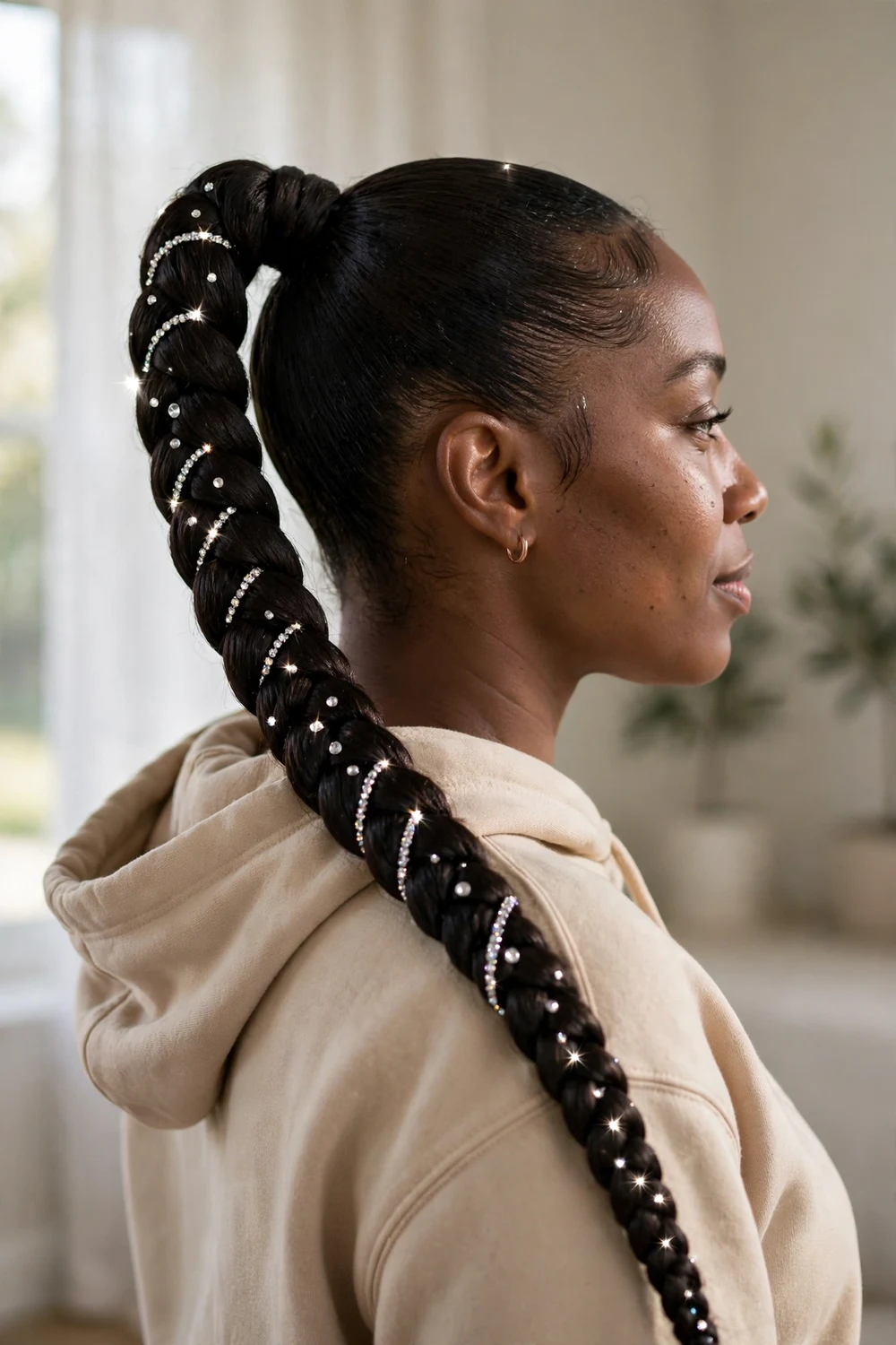 Black woman with a high braided ponytail decorated with rhinestone embellishments