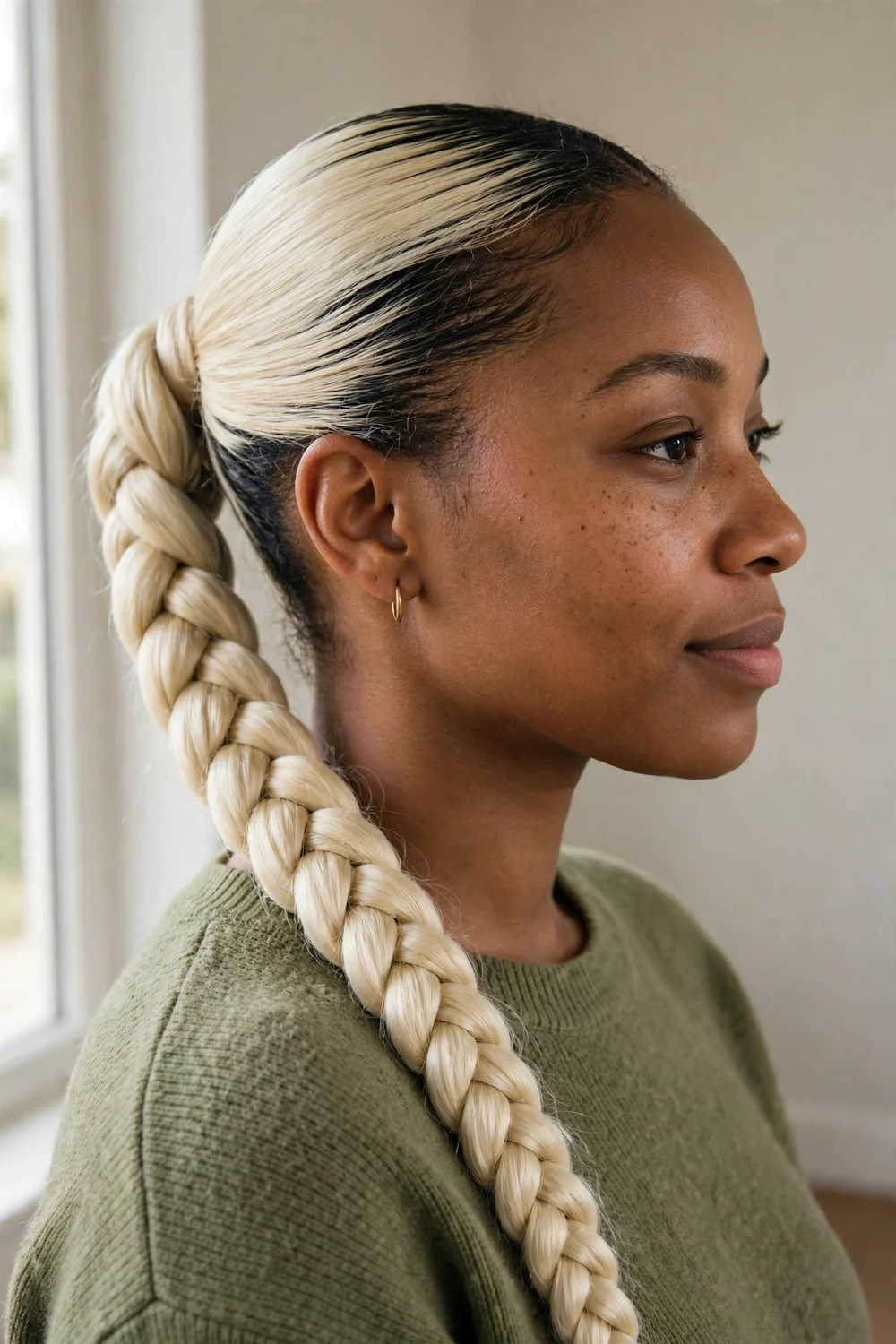Black woman with a platinum blonde braided ponytail and dark roots