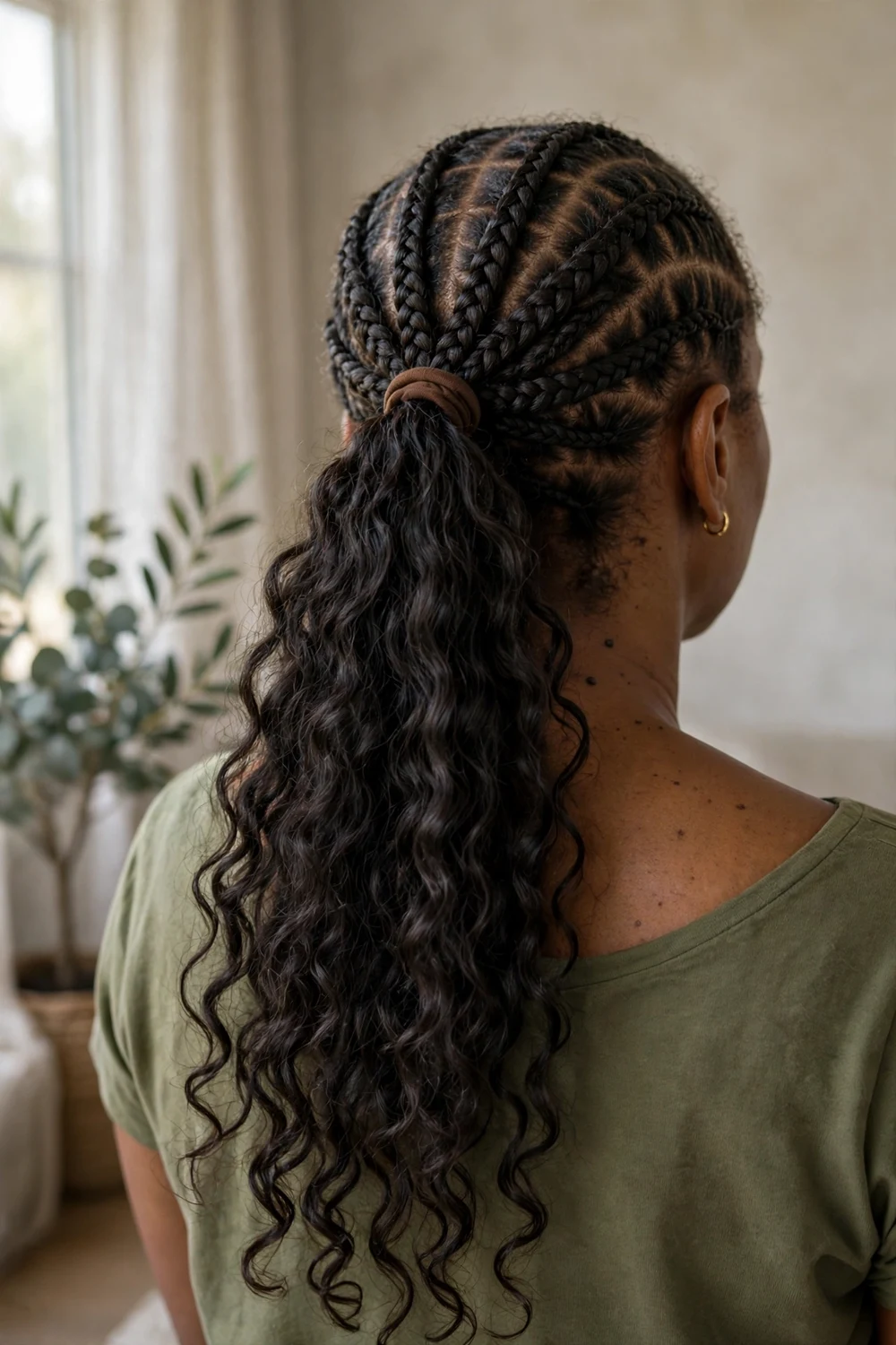 Black woman with a half-up braided ponytail and loose curls flowing down
