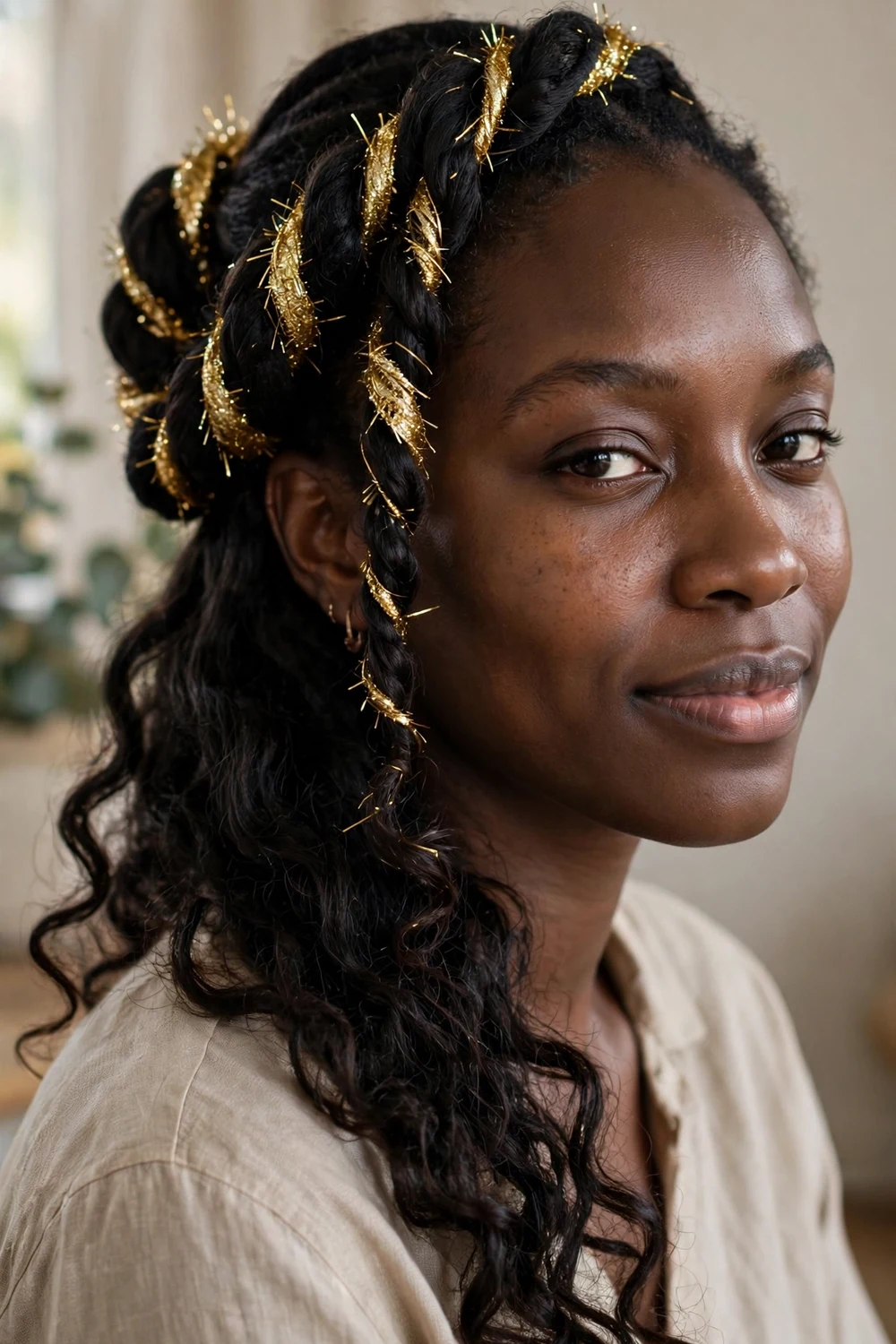 Black woman with half-up twists and shimmering tinsel strands