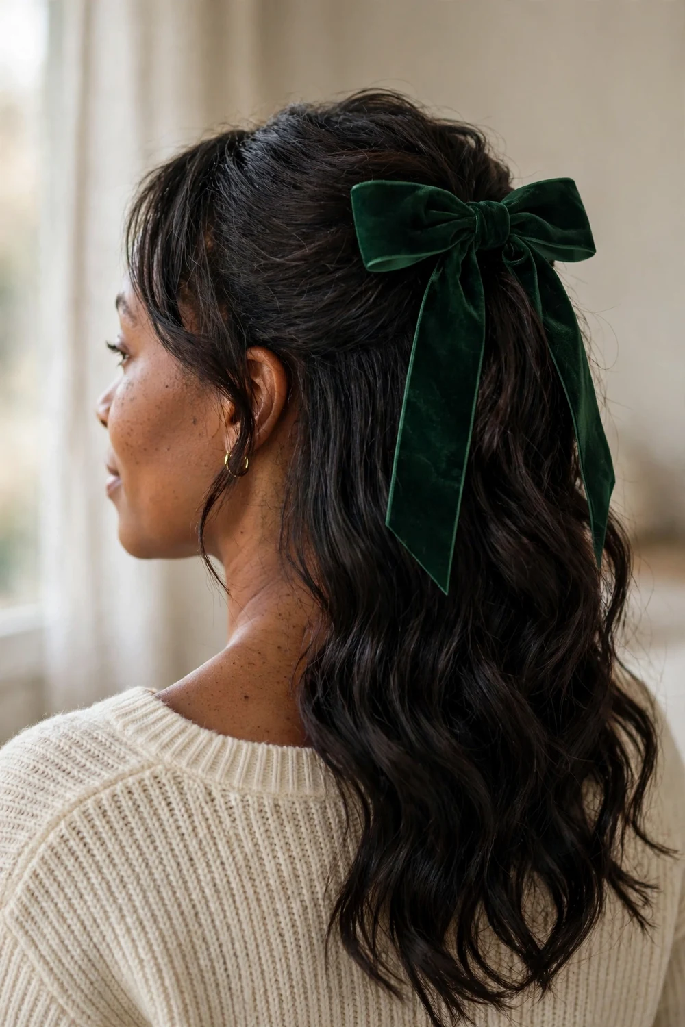 Black woman with half-up soft waves tied with a green holiday ribbon