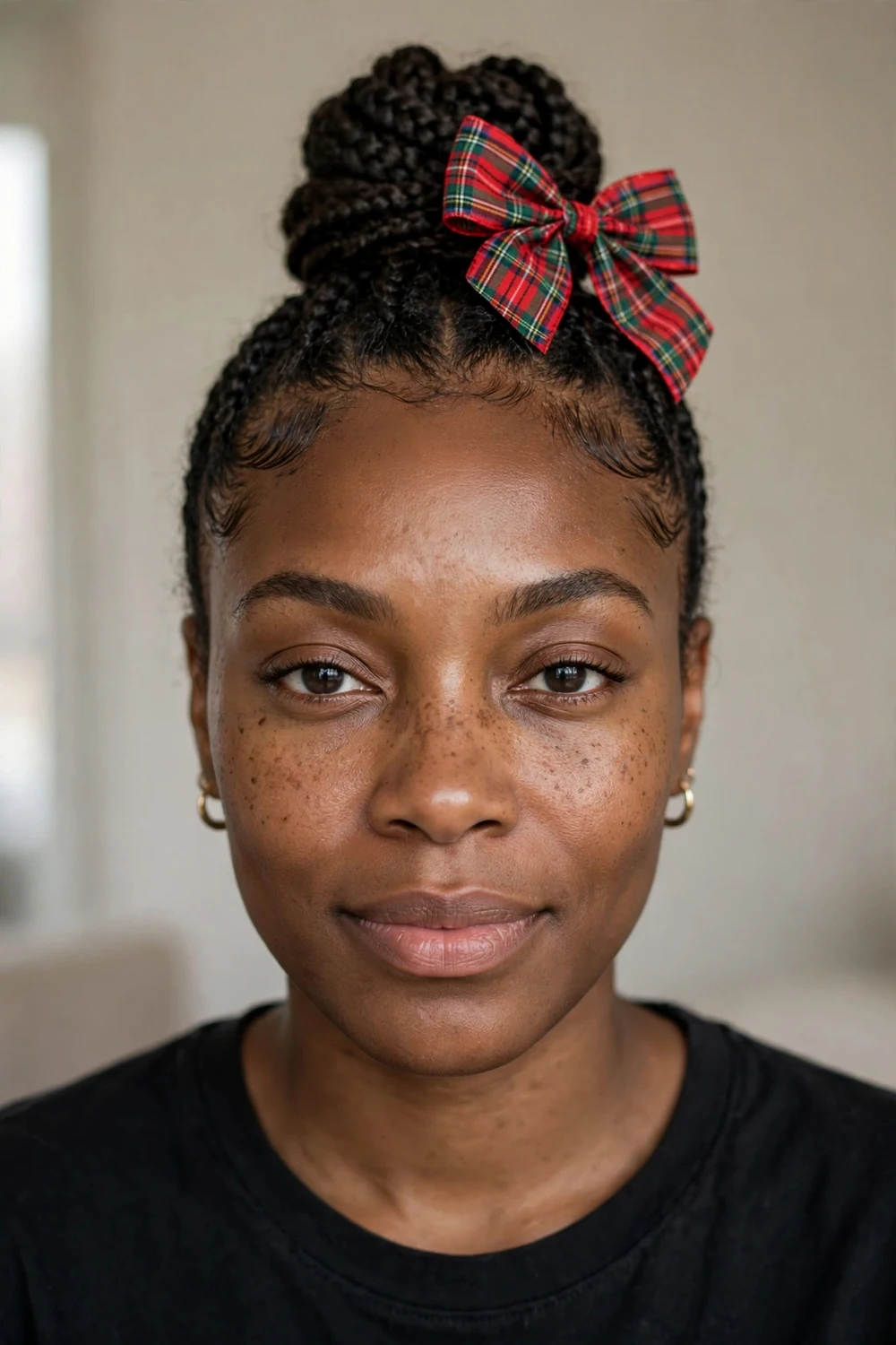 Black woman with a high braided topknot decorated with a red and green holiday bow