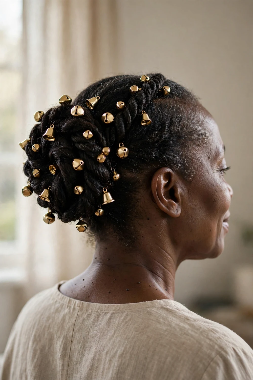 Black woman with an elegant twisted updo pinned with tiny gold Christmas bells