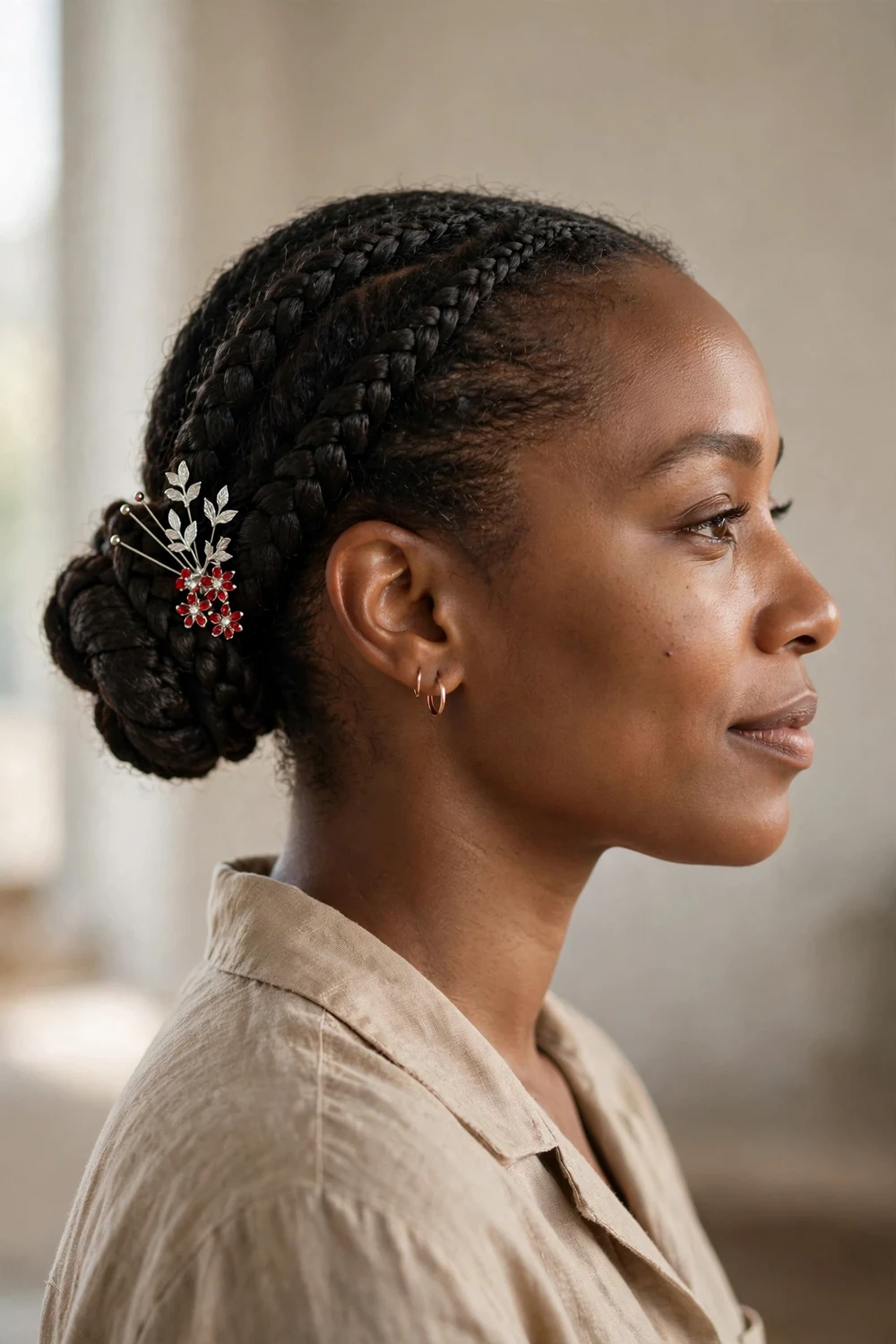 Black woman with a sleek low braided bun decorated with silver and red hair pins