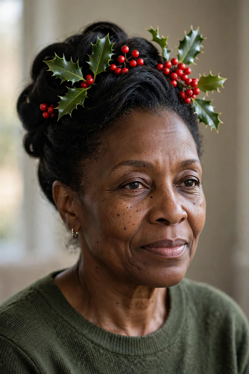 Black woman with a sophisticated updo decorated with red berries and holly leaves