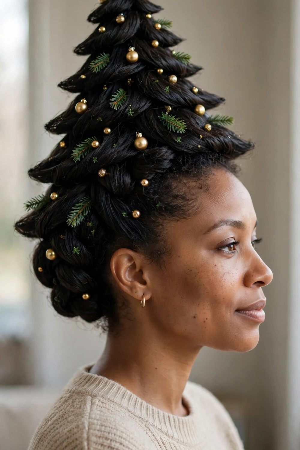 Black woman with a sculpted Christmas tree shaped updo with green accents and a gold star