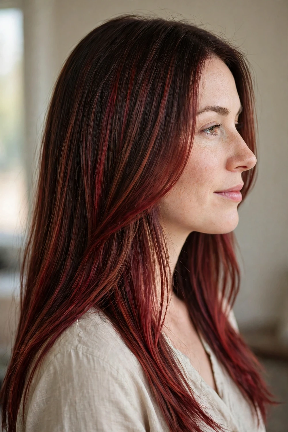 Long straight dark hair with cherry red and mahogany balayage highlights