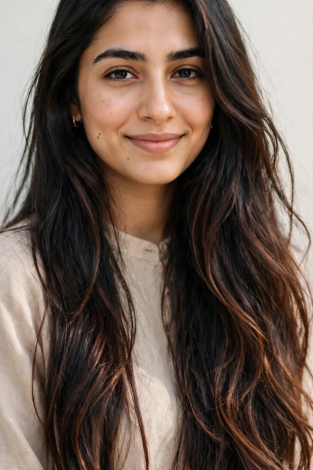 Middle Eastern woman with very long black hair and chestnut-brown highlights through the layers