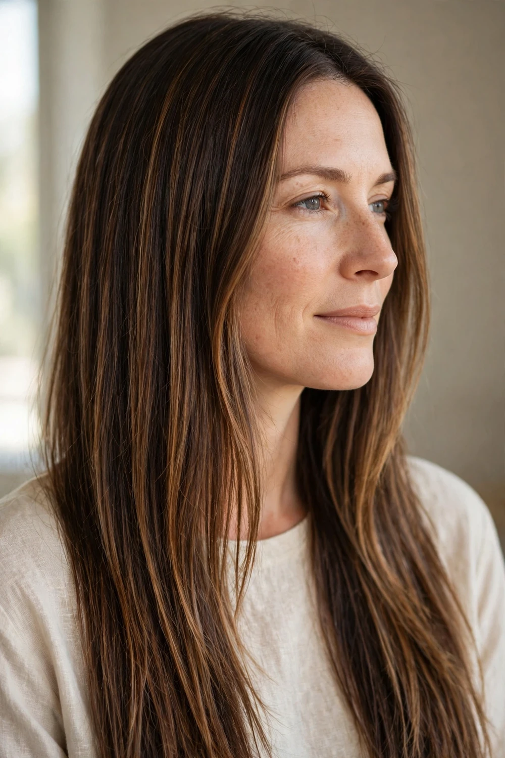 Long straight hair with chestnut brown balayage highlights on deep brunette base