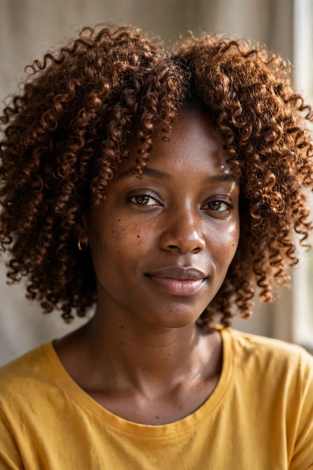 All-over chestnut brown on natural curly hair with rich uniform color
