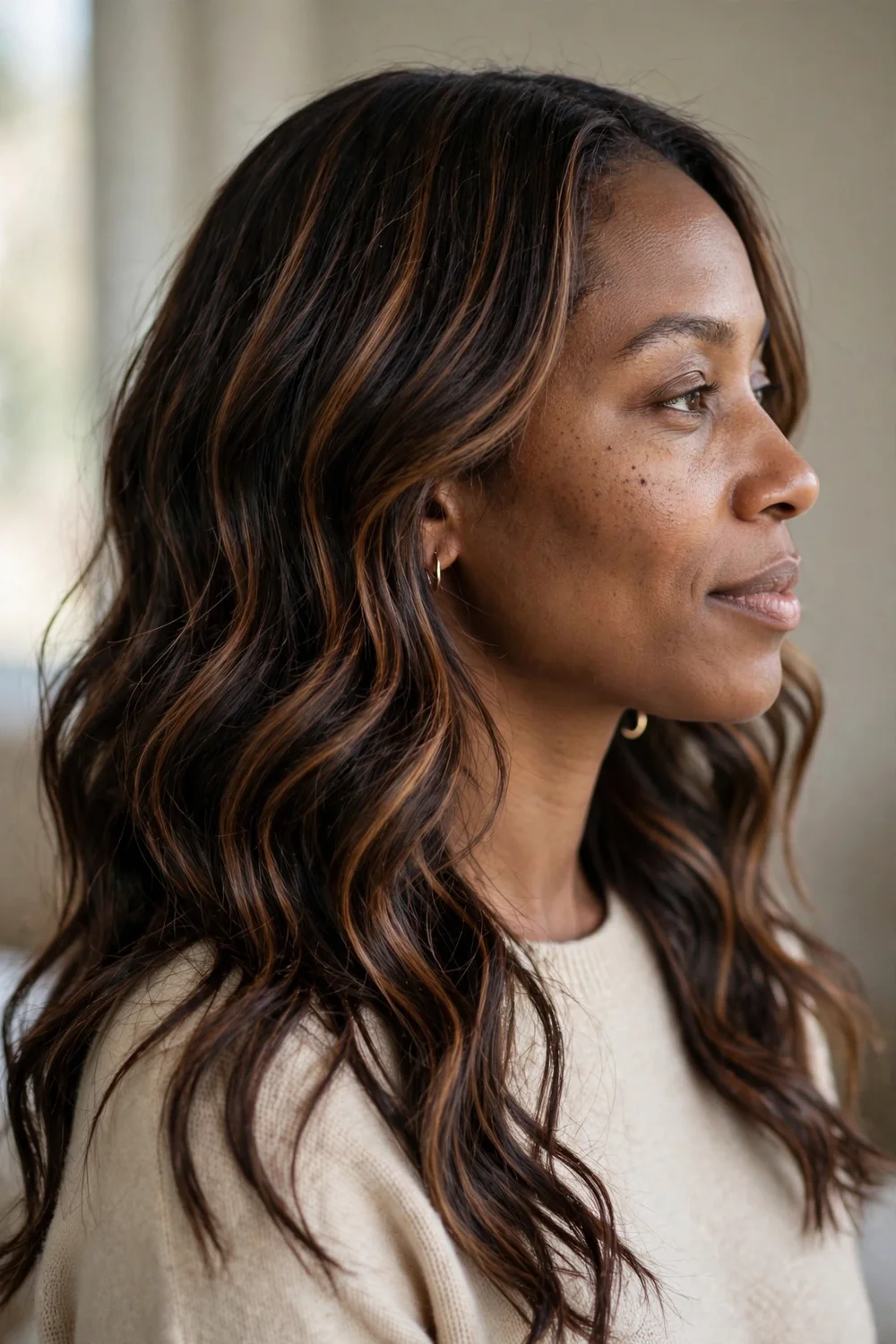 Woman with dark brown wavy hair and chestnut balayage ribbons, side view