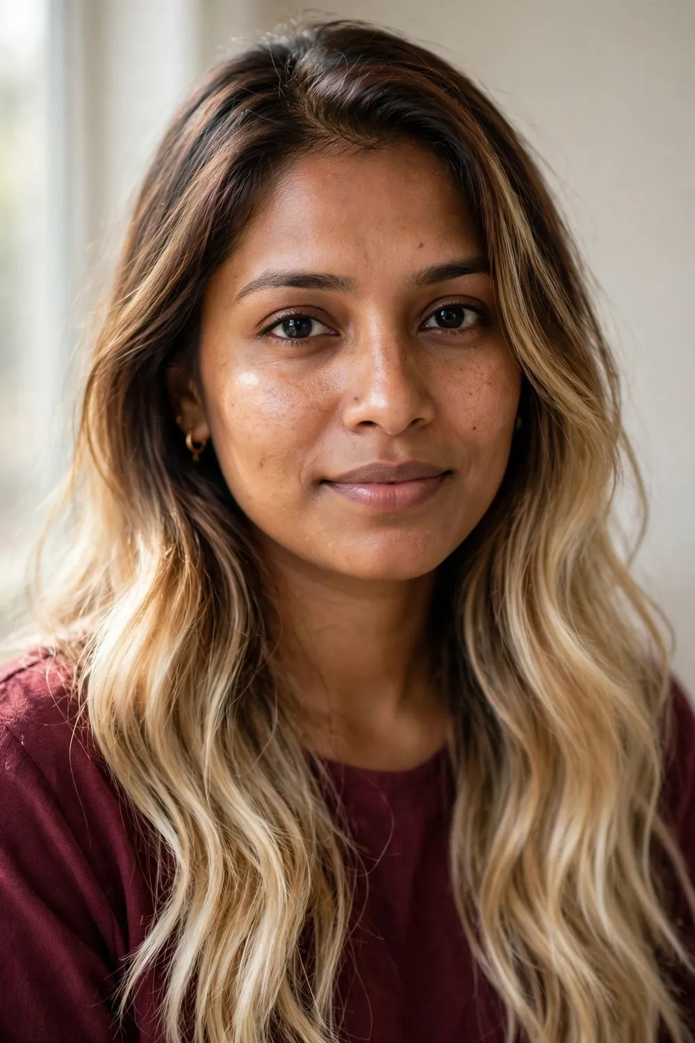 Lived-in gradient transitioning from chestnut brown to blonde ends