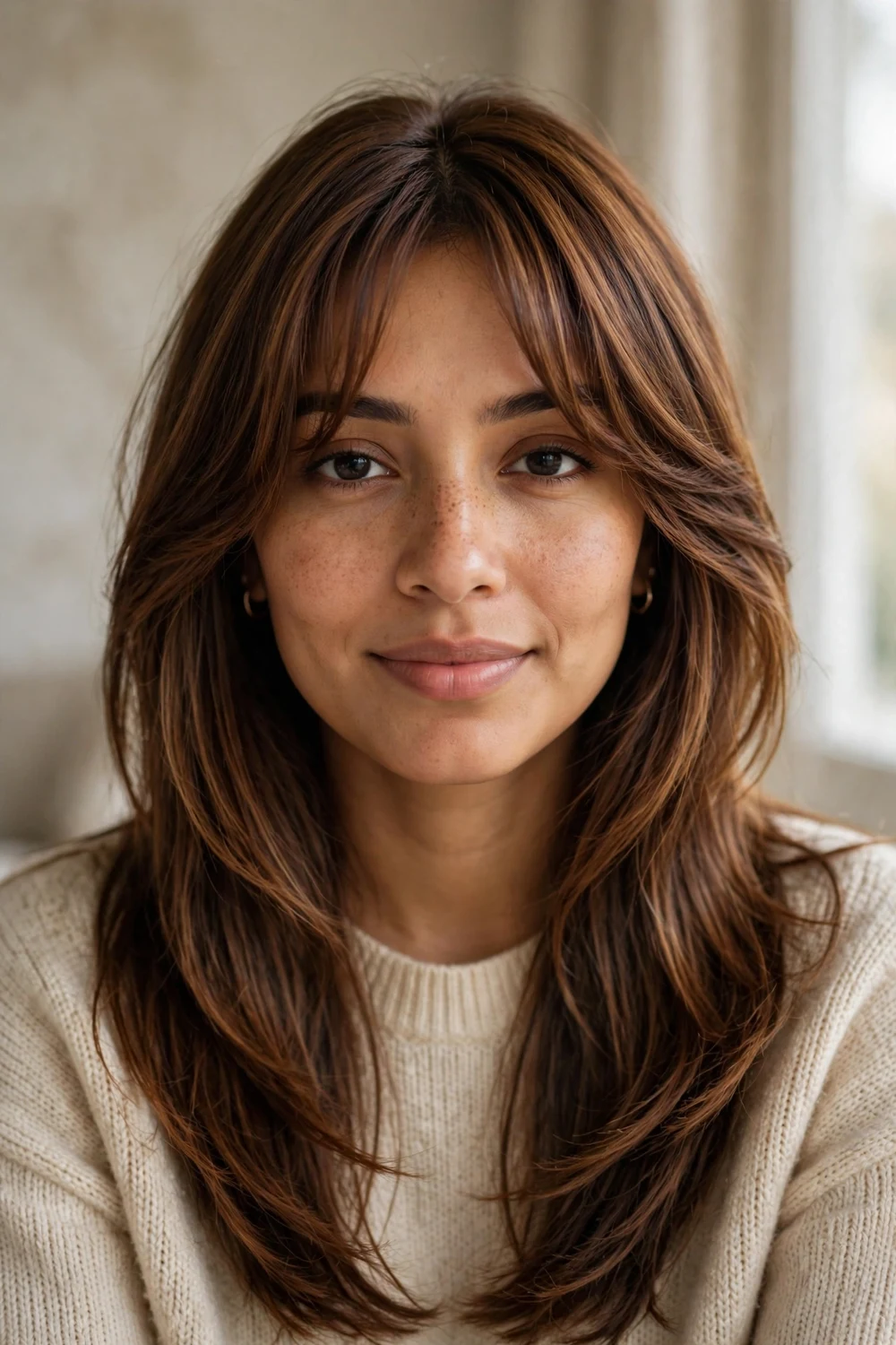 Warm chestnut brown hair with curtain bangs and face-framing layers