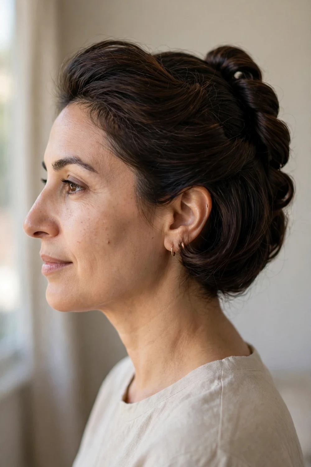 Classic French twist updo on a chin length dark brown bob