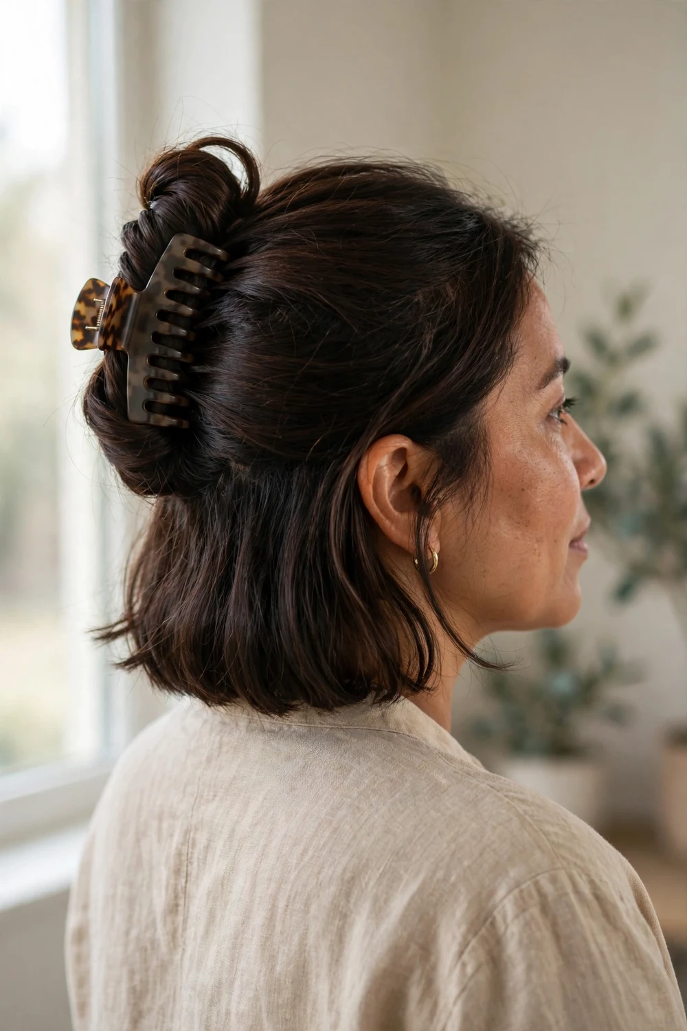Twist held with a tortoise claw clip on a chin length dark brown bob